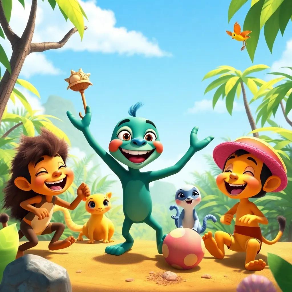 Dilan and his friends, joyously sharing adventures, playing in a variety of activities throughout a sunny day in the jungle, filled with laughter, harmonious, bright colors, adventurous