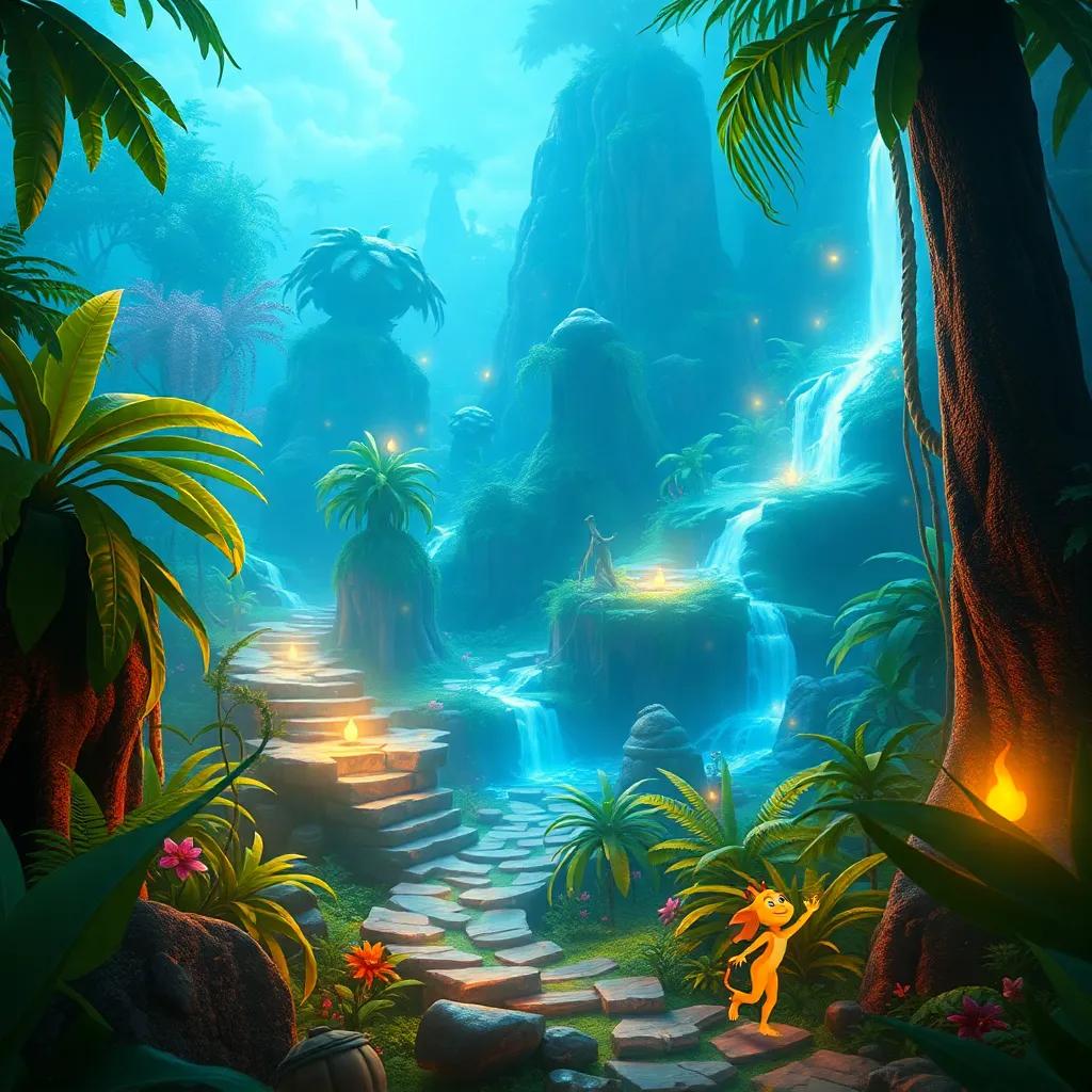 A magical landscape appearing in the jungle as Dilan makes his wish, revealing exciting paths and surprises, vibrant and enchanting, enhancing the sense of adventure