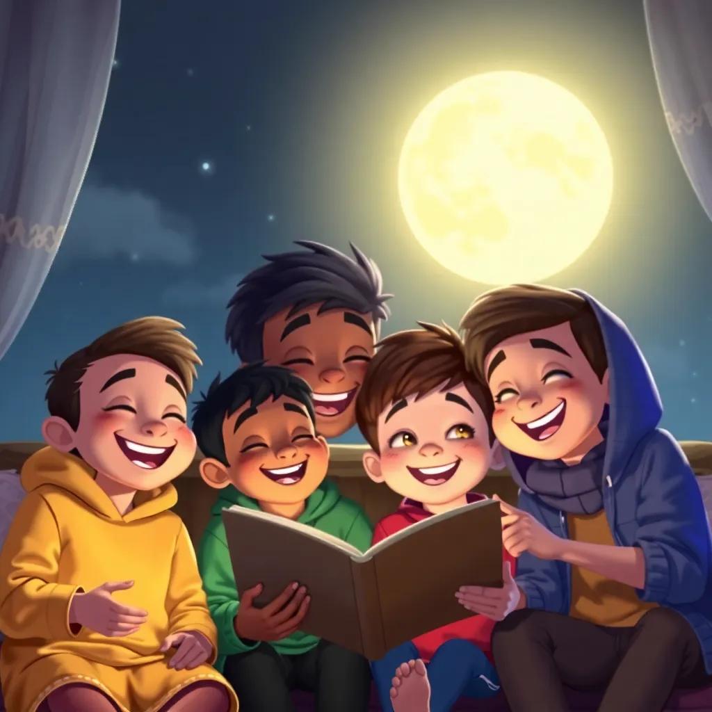 Dilan and his friends, smiling and sharing stories under a bright moonlight in a cozy setting, joyful expressions, heartwarming atmosphere, soft light, charming illustration