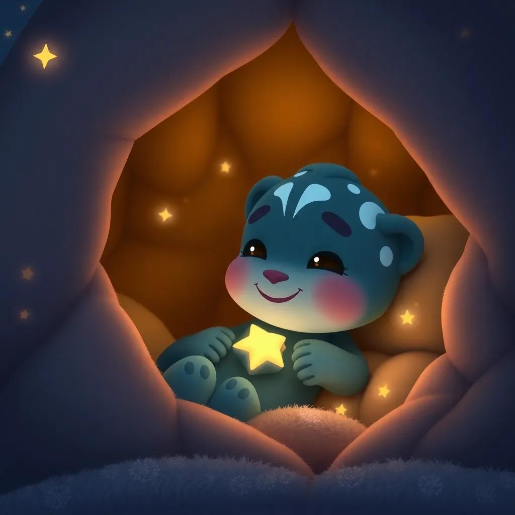 Dilan snugging in his cozy home, looking happy and dreaming of adventures ahead, surrounded by little stars glowing gently, peaceful and serene, comforting imagery