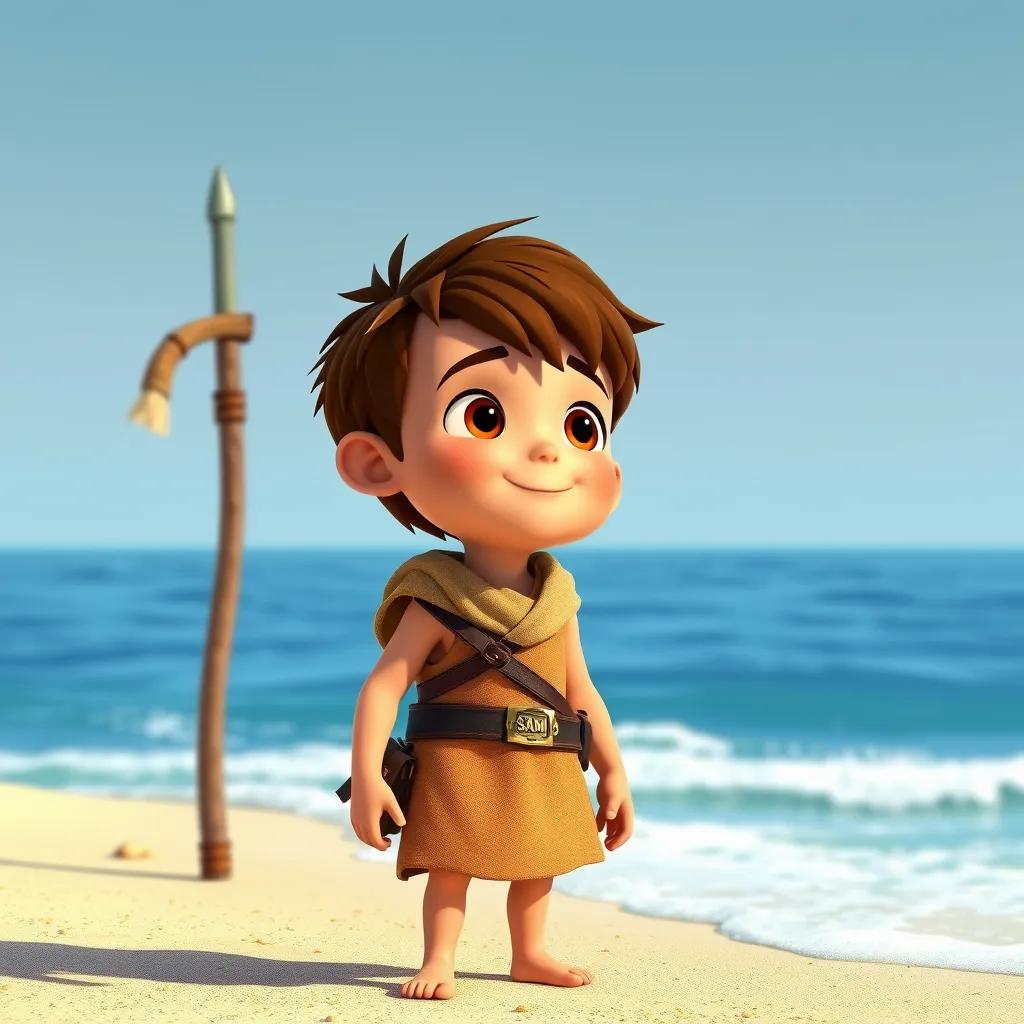 A brave hunter named Sam, a young boy, with short brown hair wearing a simple tunic, standing on the sandy beach looking at the ocean with excitement, digital art, bright colors, cheerful atmosphere, sunny day, high quality