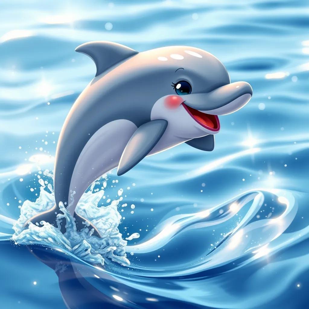 A playful dolphin jumping out of the waves, with shiny gray skin and sparkling eyes, splashing in the sunlight, surrounded by sparkling water, illustration, vibrant colors, joyful atmosphere, child-friendly