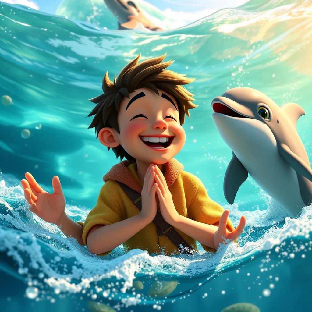 Sam, the brave hunter, laughing and clapping his hands as the playful dolphin swims closer, both having fun in the sunny ocean, detailed digital art, warm colors, fun perspective, high quality