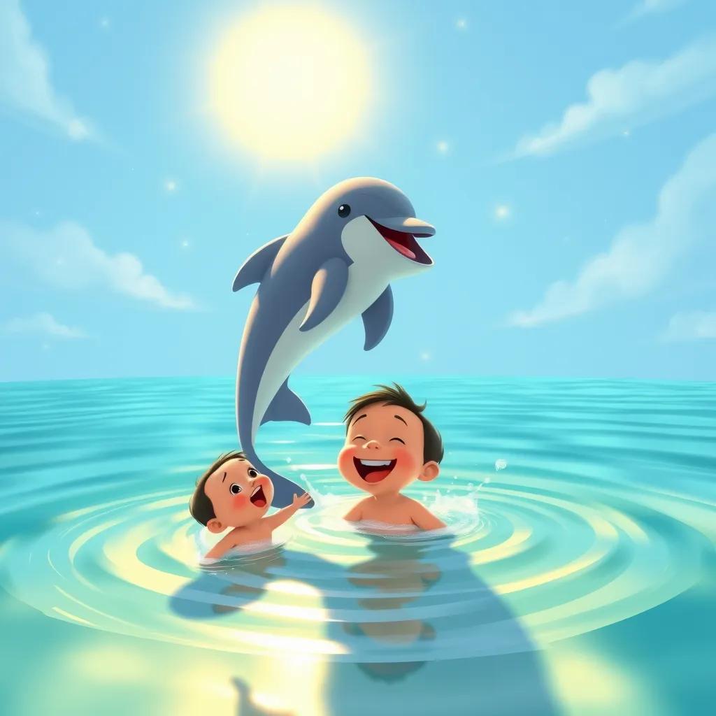 The dolphin performing a flip in the water, with Sam watching and laughing in delight, the sun shining above them, creating a happy and playful scene, illustration, colorful, joyful perspective, child-friendly