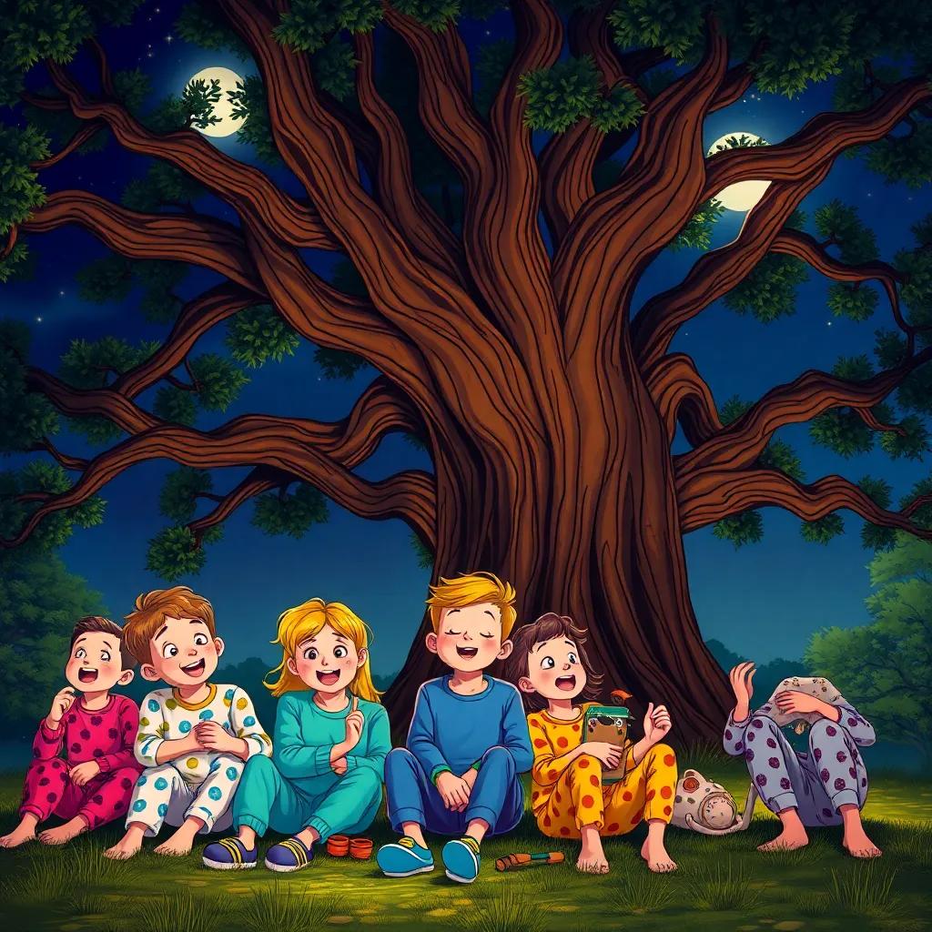A group of kids planning under a big oak tree at night with bright moonlight, excited expressions, wearing pajamas, stars shining in the sky, digital art, vibrant colors, cheerful atmosphere, high quality