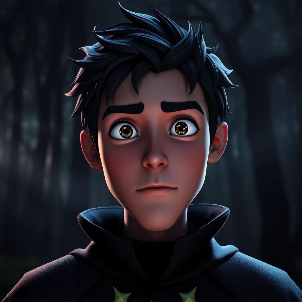 A Dark Knight, telling a tale with animated facial features, dramatic contrasts of light and dark, the forest behind him cloaked in shadows and mist, enchanting scene, vivid storytelling vibe, high quality, immersive focus