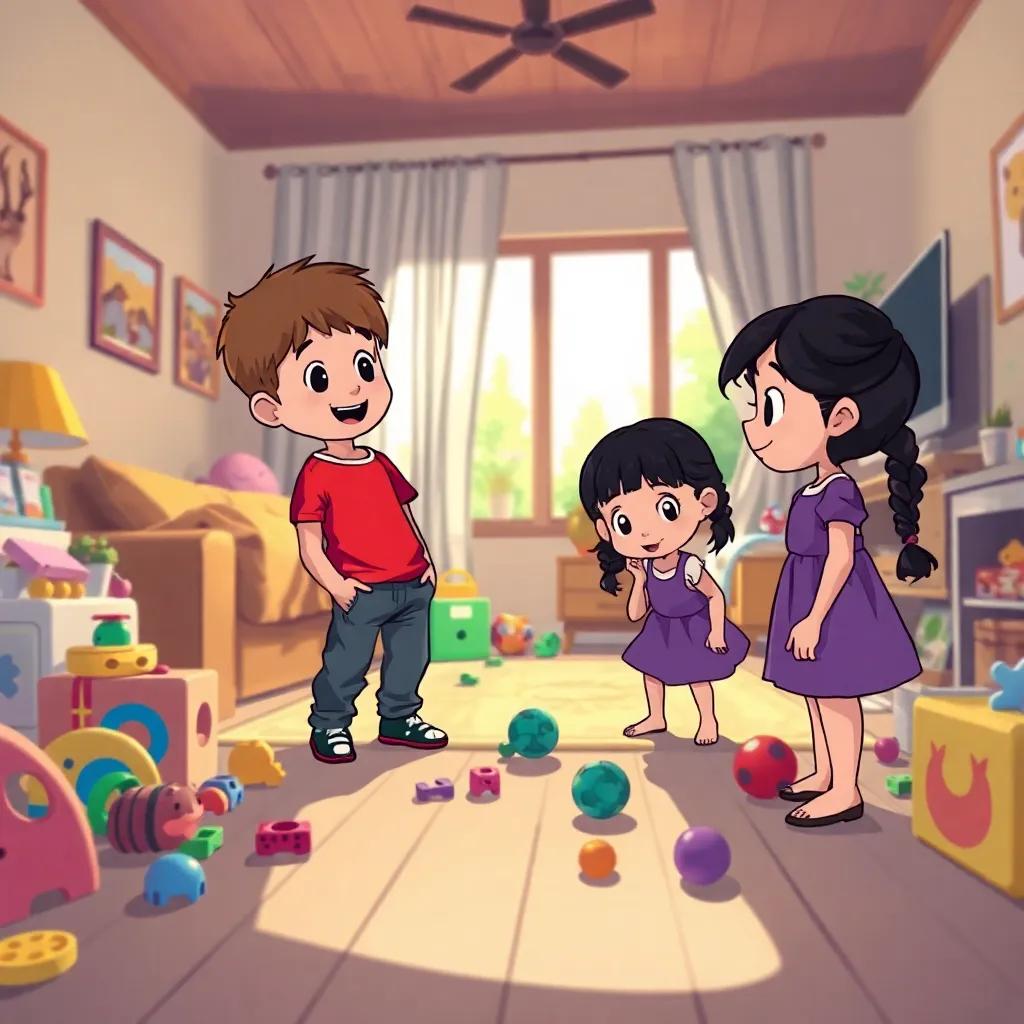 A cozy living room with warm light, filled with toys scattered around, two children (Sam, a Caucasian boy with short brown hair, wearing a red t-shirt and jeans, and Lily, an Asian girl with long black hair in a braid, wearing a purple dress) looking curiously at shadows on the floor, playful atmosphere, homey touches, digital art, vibrant colors, inviting, cheerful perspective, high quality
