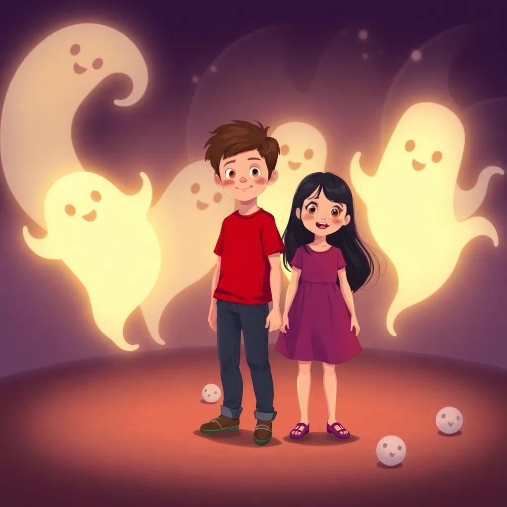 Sam, a Caucasian boy with short brown hair in a red t-shirt and jeans, and Lily, an Asian girl with long black hair in a purple dress, standing on a soft, dark floor, surrounded by playful swirling shadows that look like friendly ghosts, ethereal lighting, colorful, fantasy atmosphere, warmly inviting, friendly, enchanting mood, high quality