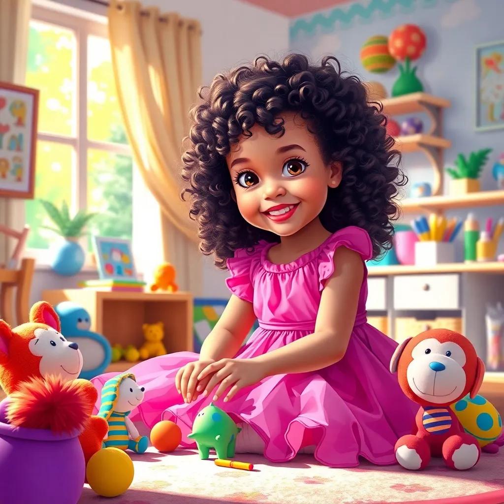 A young girl, Viyana, with curly hair wearing a bright pink dress, playing with colorful toys in a sunny playroom, surrounded by plush animals and art supplies, cheerful atmosphere, digital art, vibrant colors, cozy and inviting light, high quality