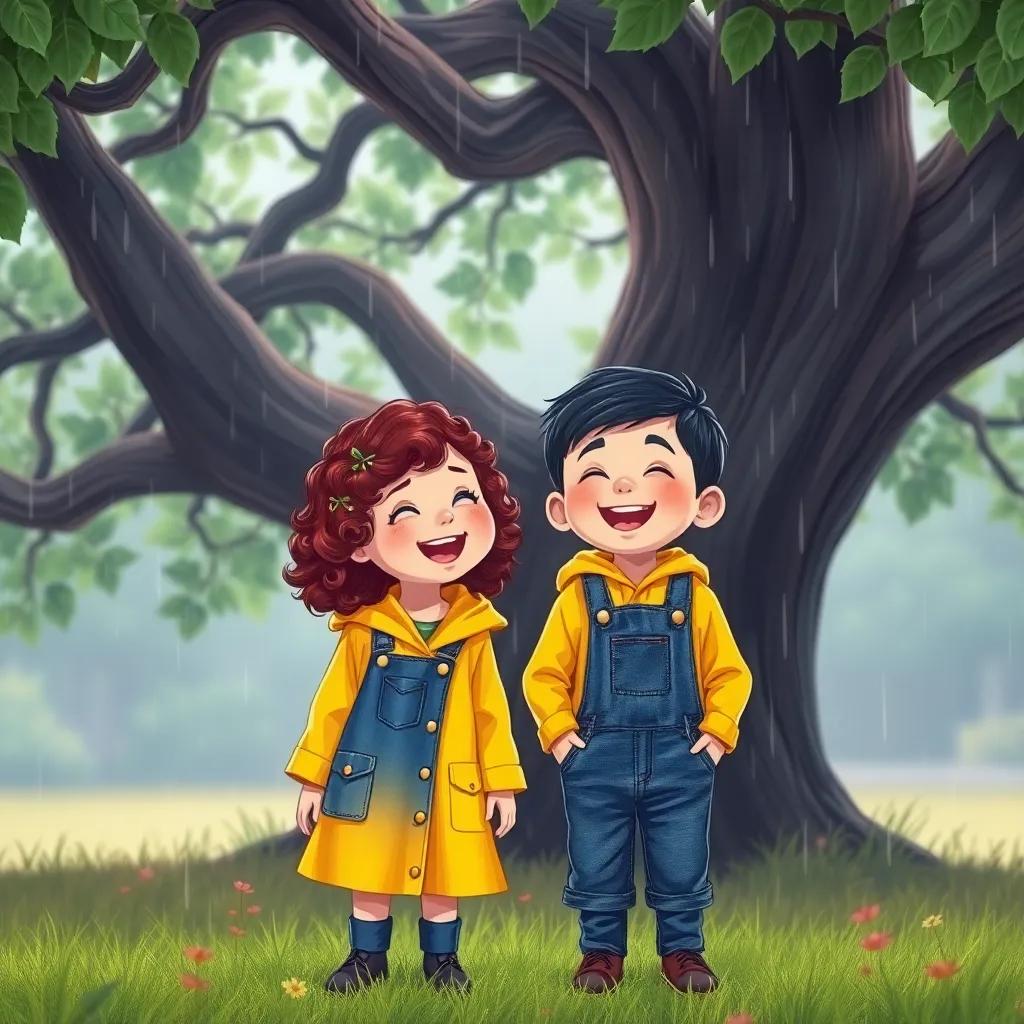 Ella, a young girl with curly brown hair in a bright yellow raincoat, and Ben, a young boy with short black hair in denim overalls, laughing together beneath an old oak tree, surrounded by raindrops falling, digital art, colorful, playful scene, inviting atmosphere, high quality