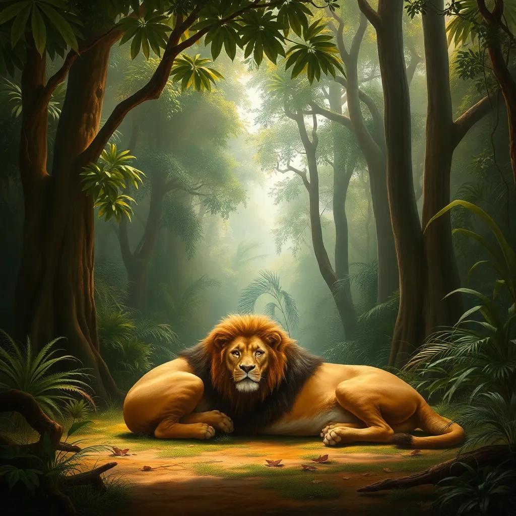 A vast jungle scene with tall trees and lush greenery, where a great lion with a golden mane lies on the ground looking unwell, soft light filtering through leaves, warm colors, peaceful atmosphere, high quality
