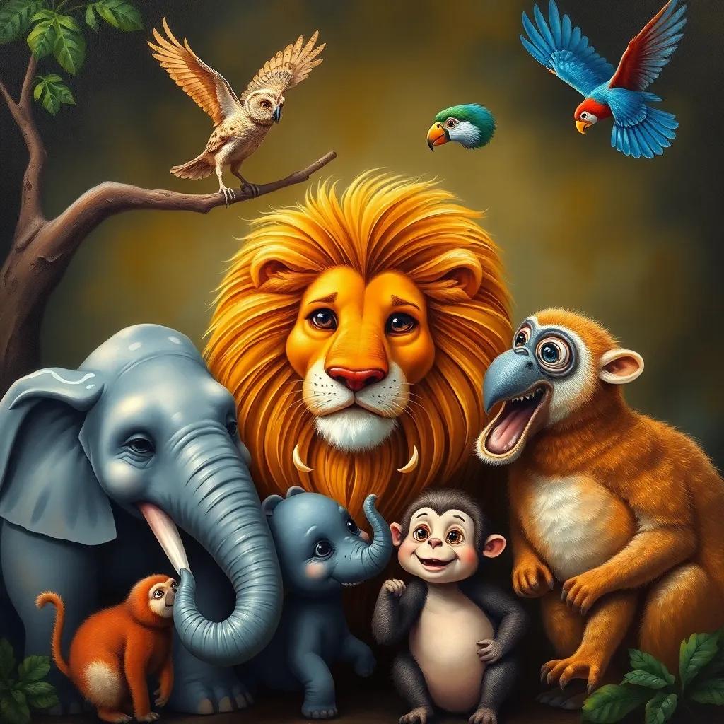 A group of animals gathering around the lion, including a wise old owl perched on a branch, an elephant with big ears, a cheeky monkey, and a colorful parrot flying above, a sense of concern and teamwork in the air, vibrant colors, child-friendly