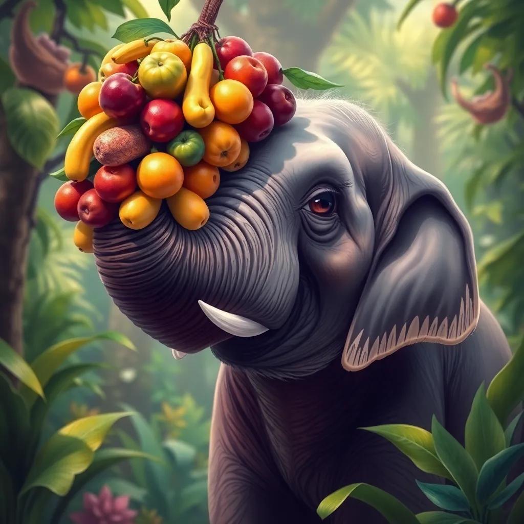 An elephant lifting a bunch of colorful fruits with its trunk, looking focused and caring, surrounded by lush jungle surroundings, digital art, playful and cheerful lighting, bright colors