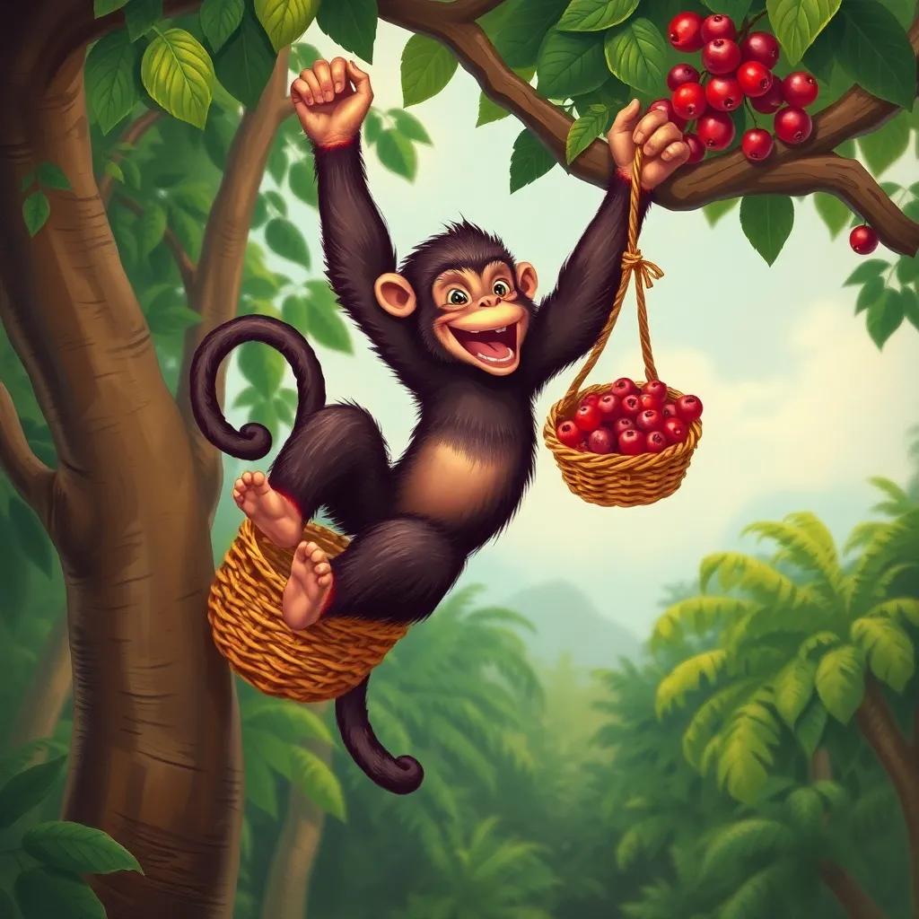 A monkey swinging joyfully from tree to tree, gathering sweet berries in a basket, showing excitement and determination, jungle backdrop, dynamic pose, colorful illustration, fun atmosphere