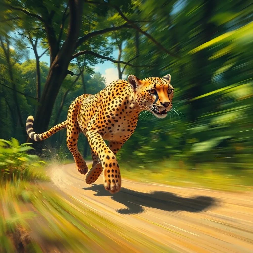 A speedy cheetah racing through the jungle, searching for herbs, with her spots gleaming under sunlight and trees passing by in a blur, action-packed scene, bright colors