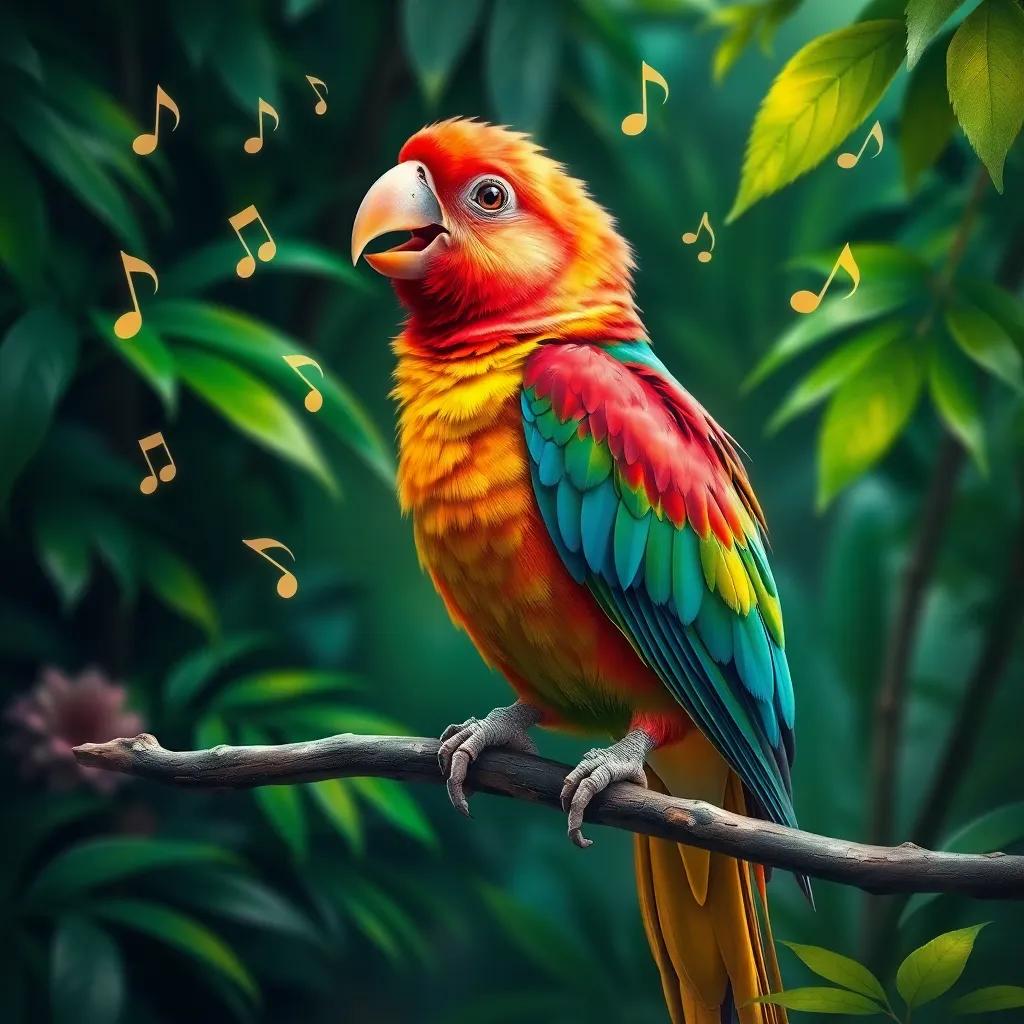A parrot perched on a branch, singing cheerfully with musical notes floating around, the jungle greenery behind, bright and colorful, uplifting art