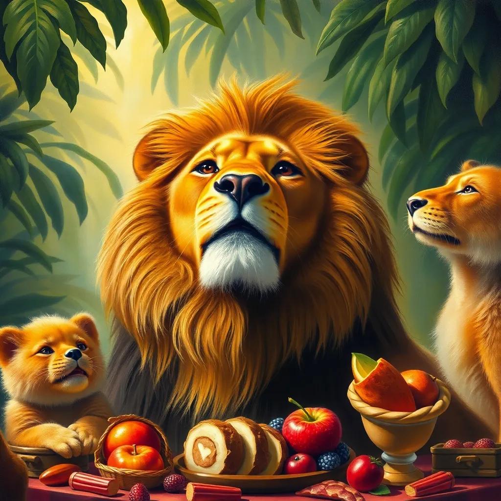 A lion looking up with grateful eyes, enjoying fruits and treats brought by his friends, with the jungle light surrounding them, joyful atmosphere