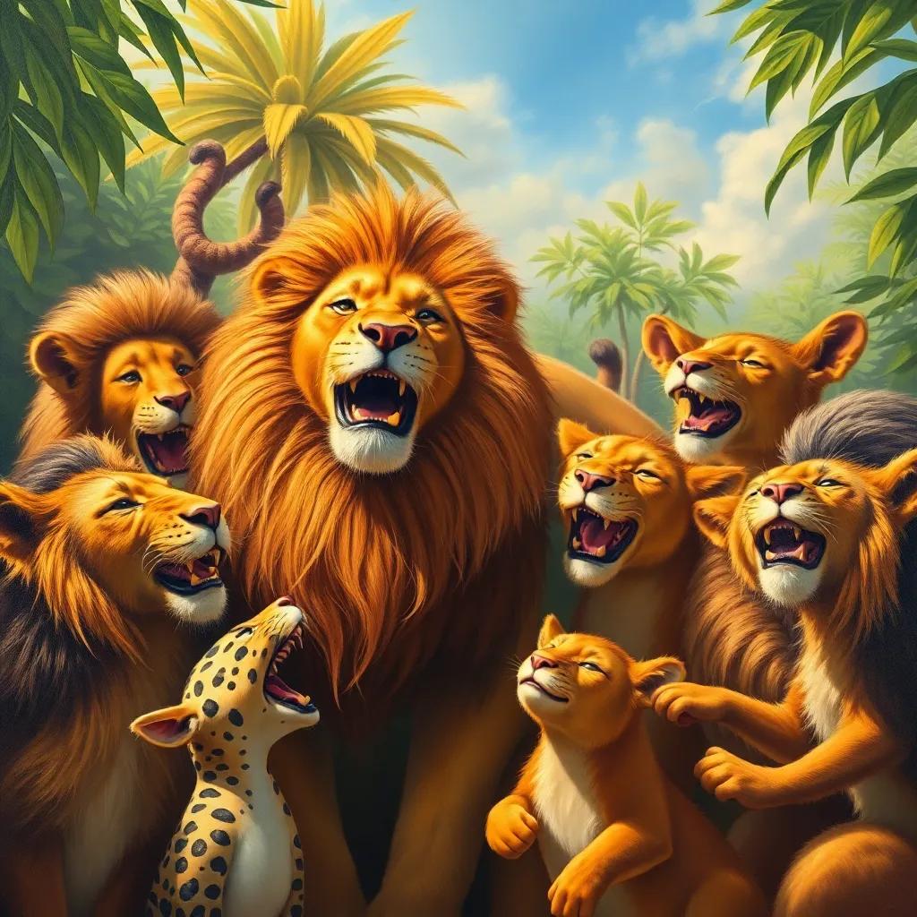 A celebration scene with all the animals laughing together, the lion looking healthy and strong, sunny day in the jungle, vibrant camaraderie, heartwarming atmosphere