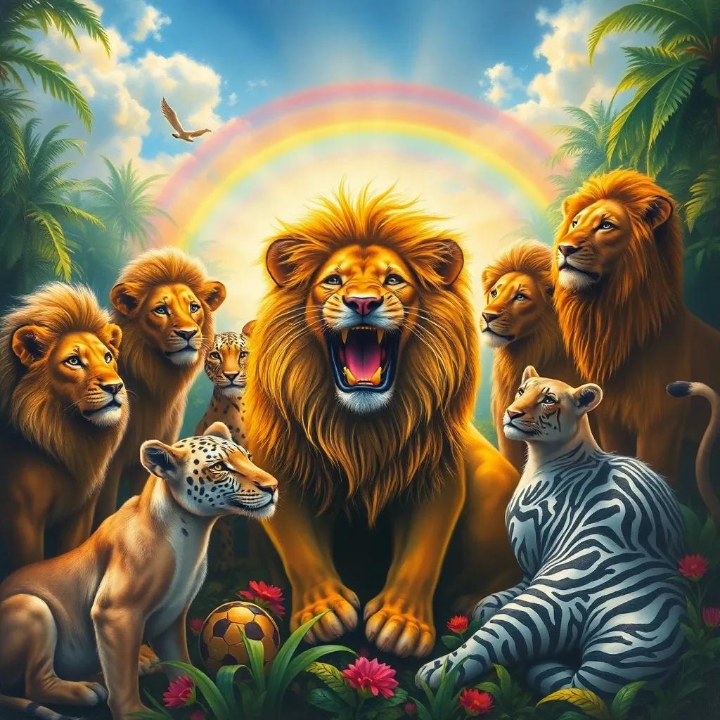 An artistic view showing the bond of friendship among animals, surrounding the happy lion, with a bright rainbow in the background and the jungle alive with colors, uplifting and inspiring