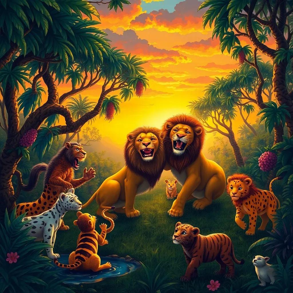 The jungle at sunset, animals playing and enjoying together, with the lion joyfully leading the group, warm colors, togetherness and love, magical illustration