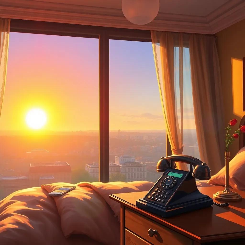 A bright morning scene with the sun rising over a city, casting golden light, a cozy bedroom with a ringing phone on the bedside table, digital art, warm colors, inviting atmosphere, high quality