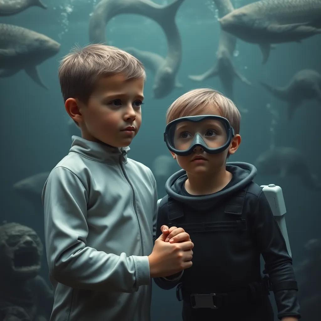 A young boy, Leo, with short hair, wearing a matching diving suit, holding his sister's hand tightly as they face scary creatures swimming towards them, dark underwater scene, tense emotions, detailed and vibrant, high quality