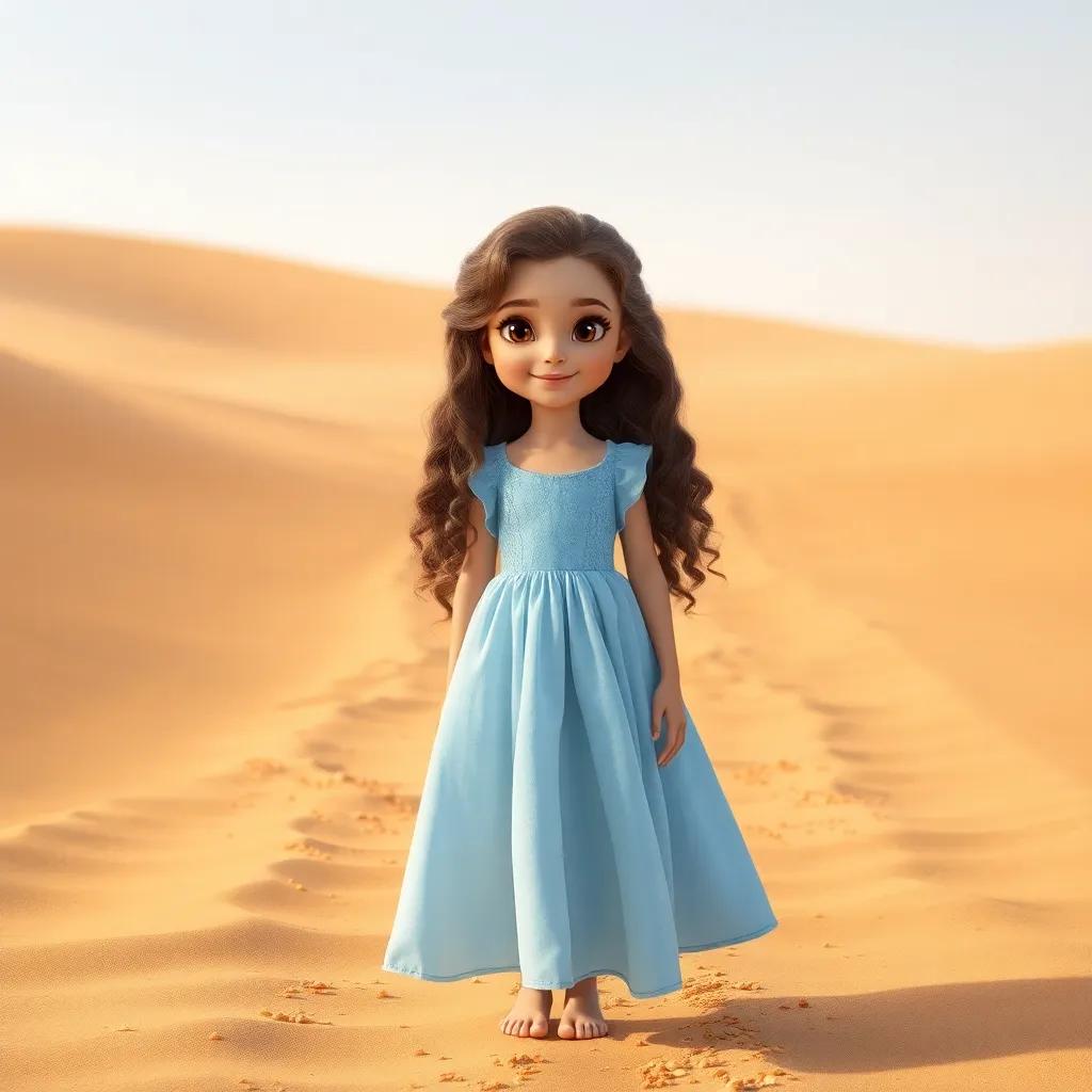 A young girl, Sofia, with long, curly hair wearing a light blue dress, standing on a sandy path in a golden desert, sparkling grains around her, bright sunlight, cheerful mood, engaging perspective, high quality
