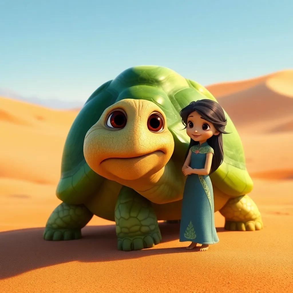 A wise old tortoise, Taro, with a shiny green shell and friendly eyes, greeting Sofia in the desert, surrounded by sand dunes and gentle winds, warm colors, inviting atmosphere, digital art, enchanting vibe