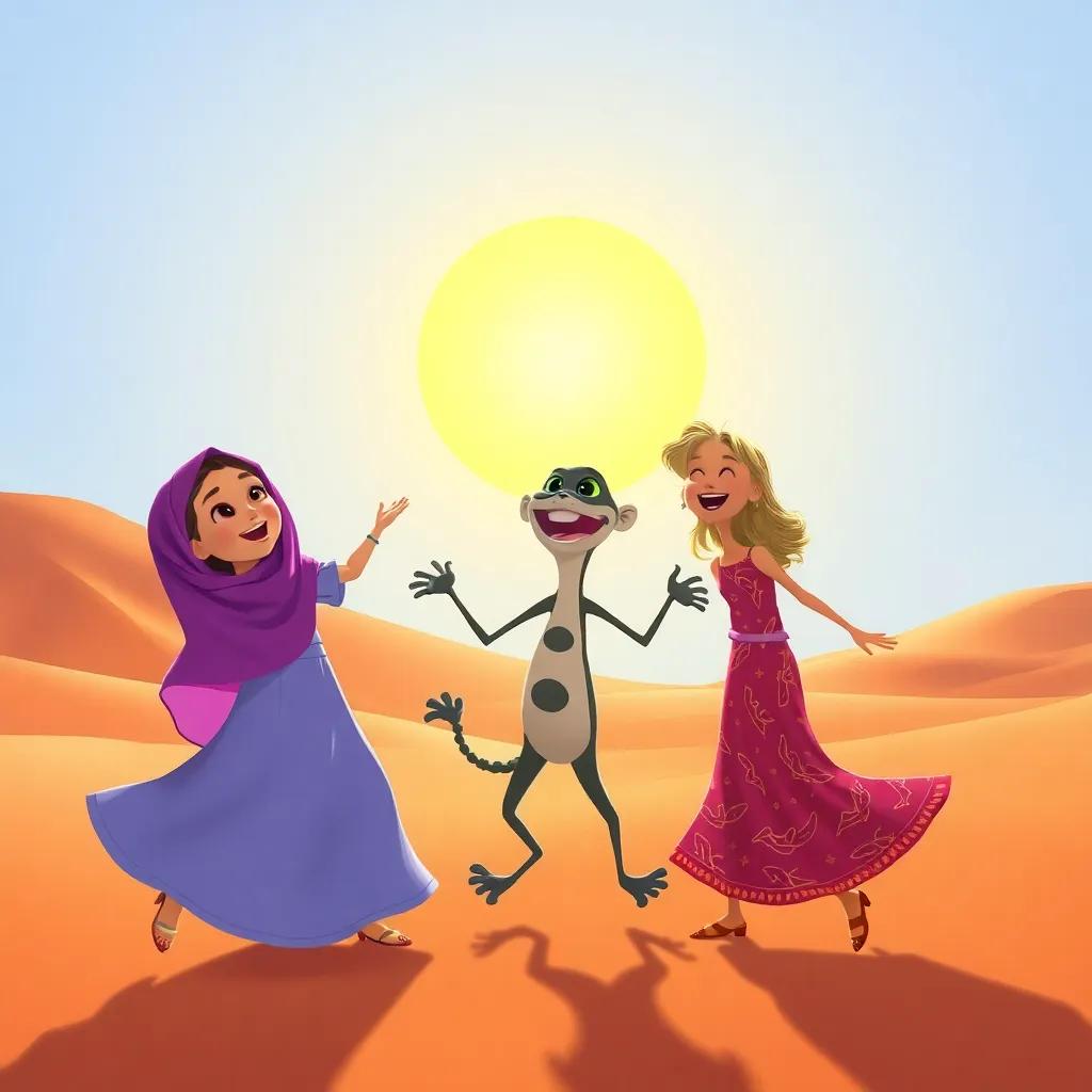 Sofia, Taro, and Zari dancing and laughing together under the sun, bright background with rolling sand dunes, atmosphere of joy and fun, colorful illustrations, high quality