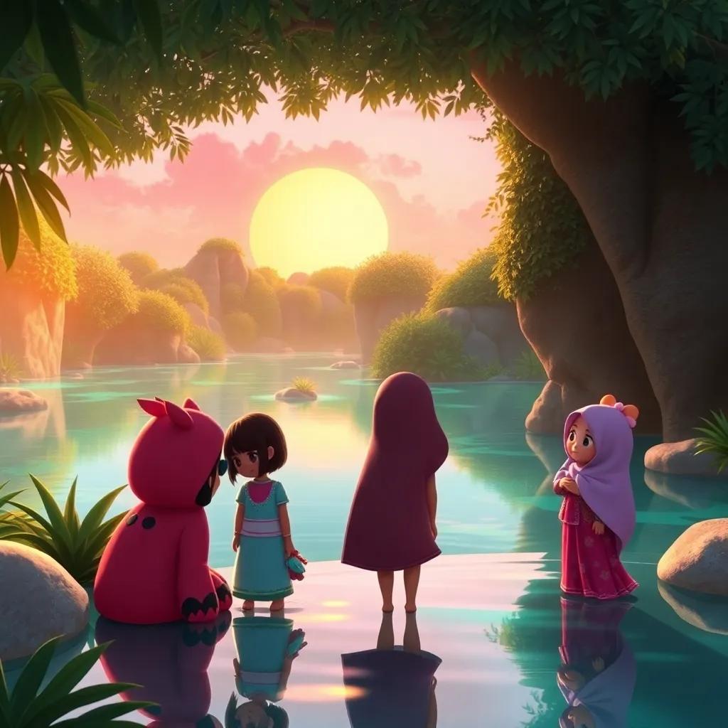 A crystal-clear oasis with lush greenery, under an orange and pink sunset, Taro, Zari, Fara, and Sofia enjoying nature, warm light, atmosphere of peace and friendship, engaging perspective