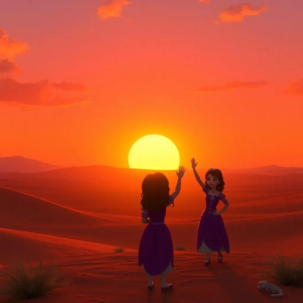 The sun setting over the desert, creating an orange and pink sky, Sofia waving goodbye to her friends, an emotional yet uplifting scene, warm and rich colors, inspirational look, high quality