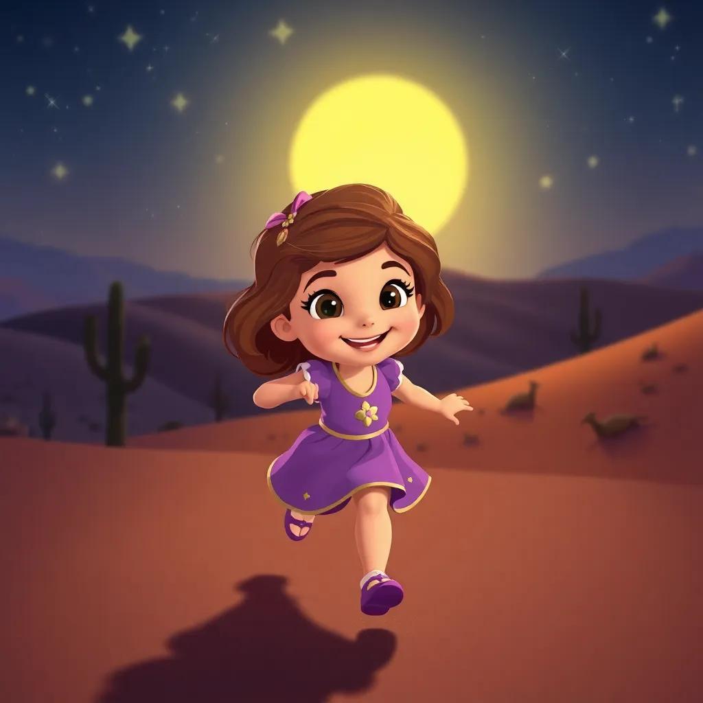 Sofia running home joyfully, with the desert background glowing under the stars, reflecting her bright smile, engaging night scene, magical and heartwarming feel, child-friendly illustration