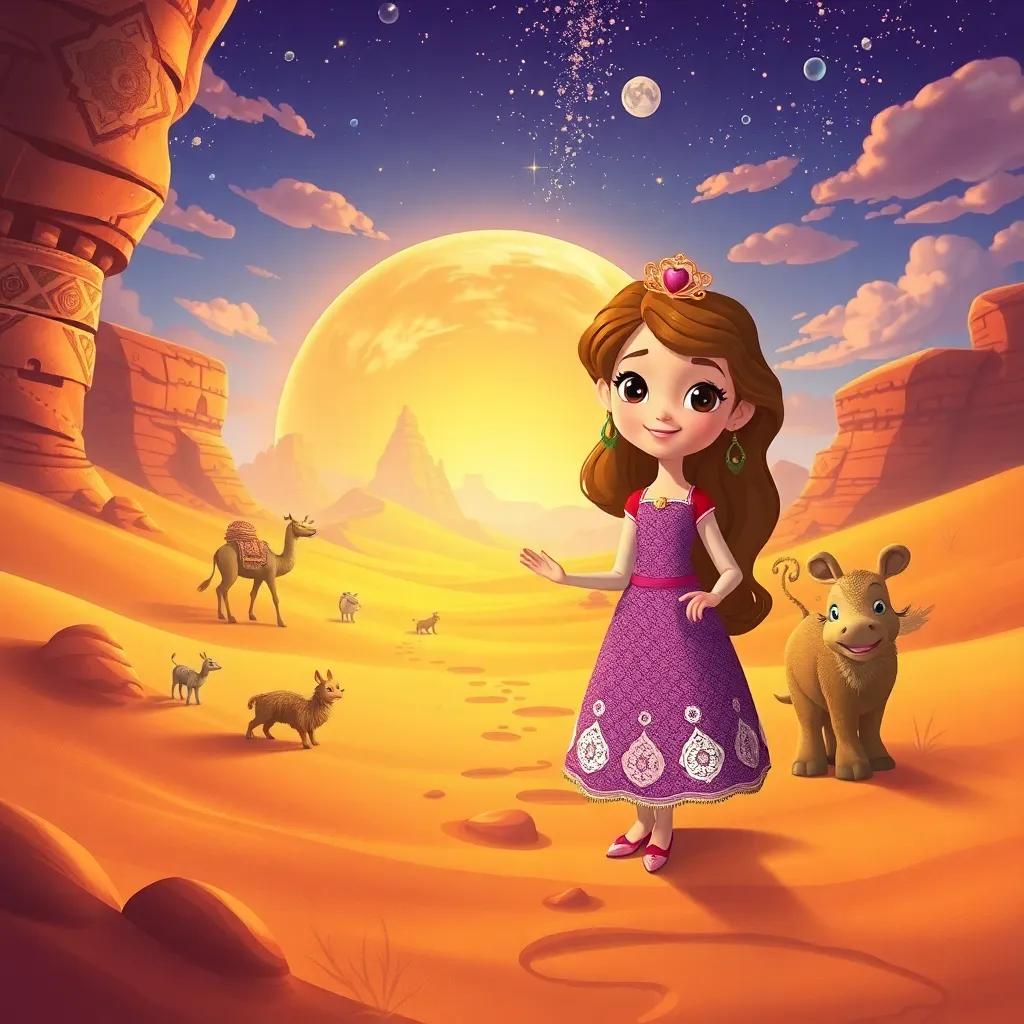 The desert adventure in Sofia's heart, with dreams of friendship and conservation, filled with colors and magic, cheerful and uplifting scene, high quality