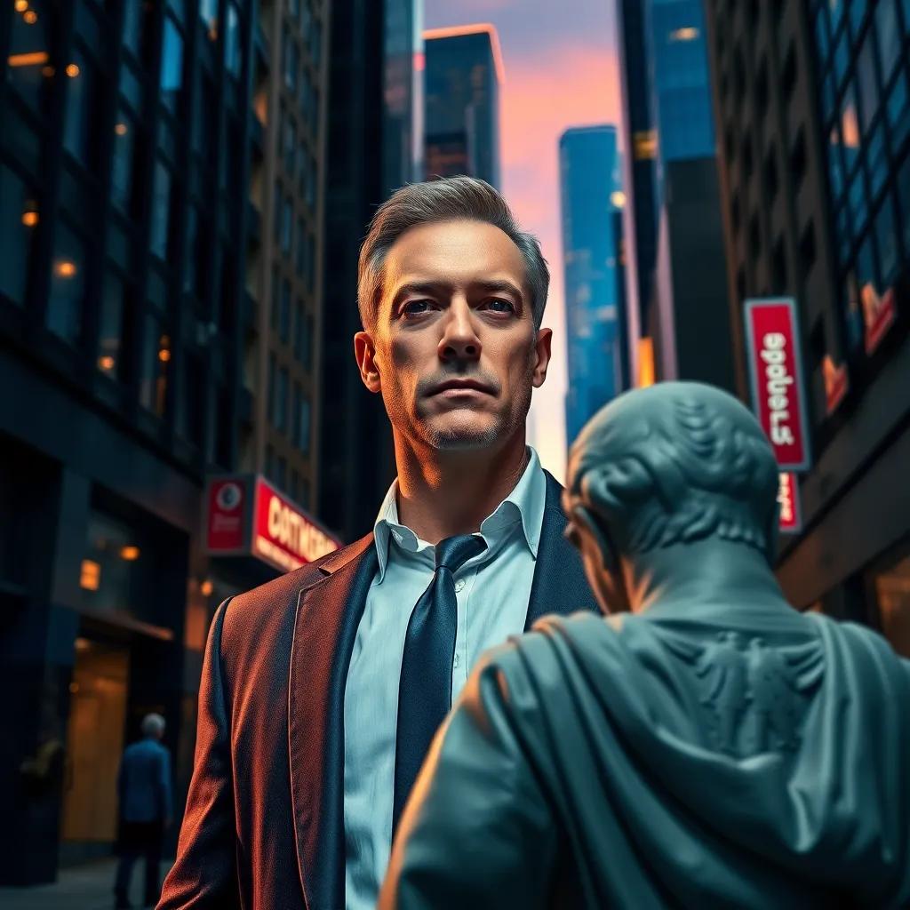 A busy modern city with tall buildings and a dark alley where Tom Walker, a handsome middle-aged man in a sleek business suit, is meeting a mysterious figure, digital art, urban setting, twilight, colorful city lights, high quality