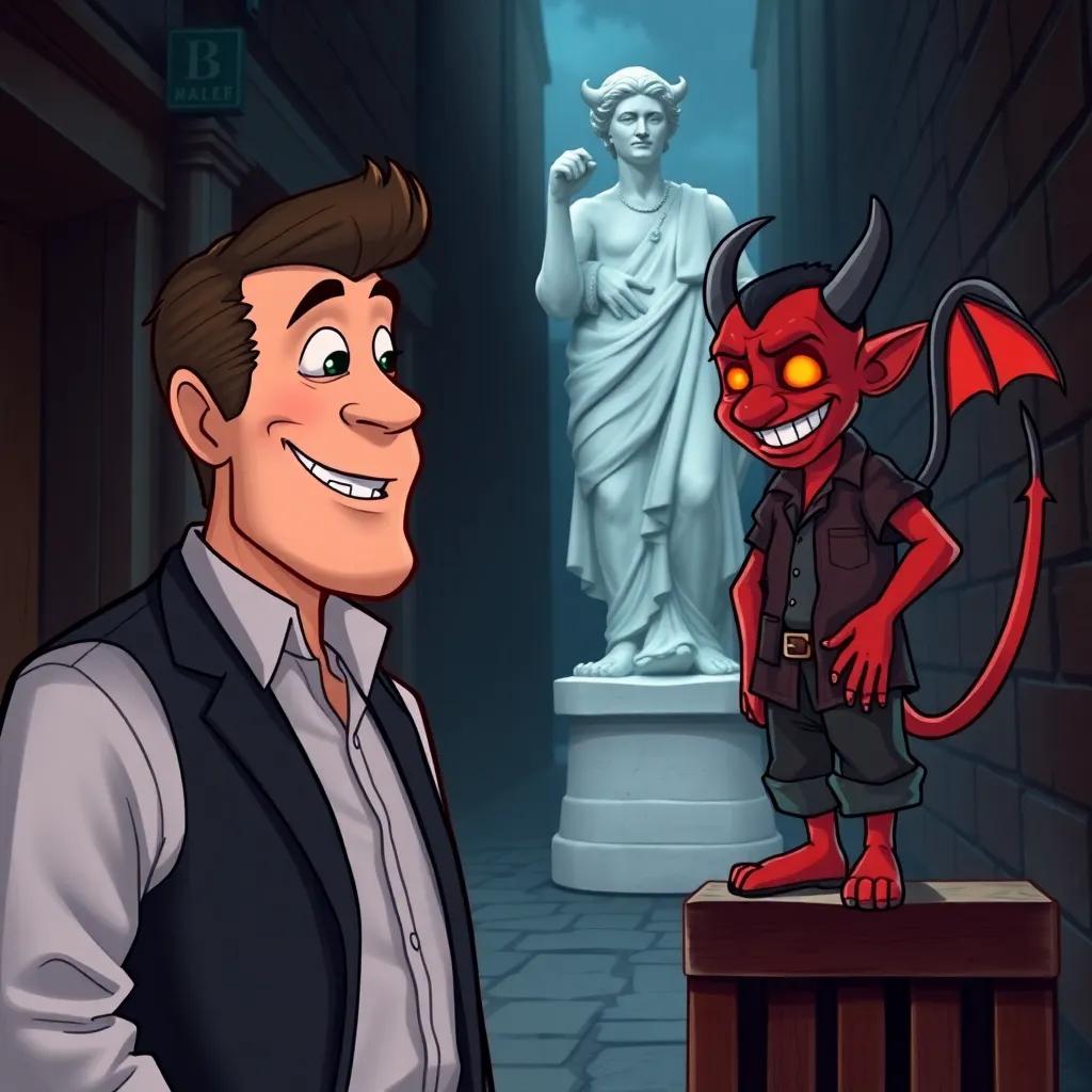 Tom Walker, a business-looking man with a confident smirk, listening to the devil, who is a charismatic figure in casual clothes with a sly grin and glowing red eyes, standing on a crate in the dark alley, illustration, vibrant colors, engaging atmosphere, child-friendly