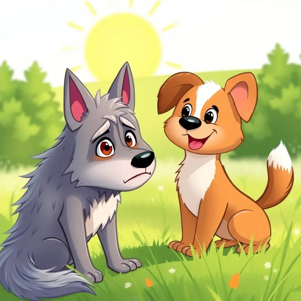 A hungry Wolf with thin fur and sad eyes, meeting a friendly Dog with shiny fur and a wagging tail in a sunny meadow, bright colors, cheerful atmosphere, digital art, high quality