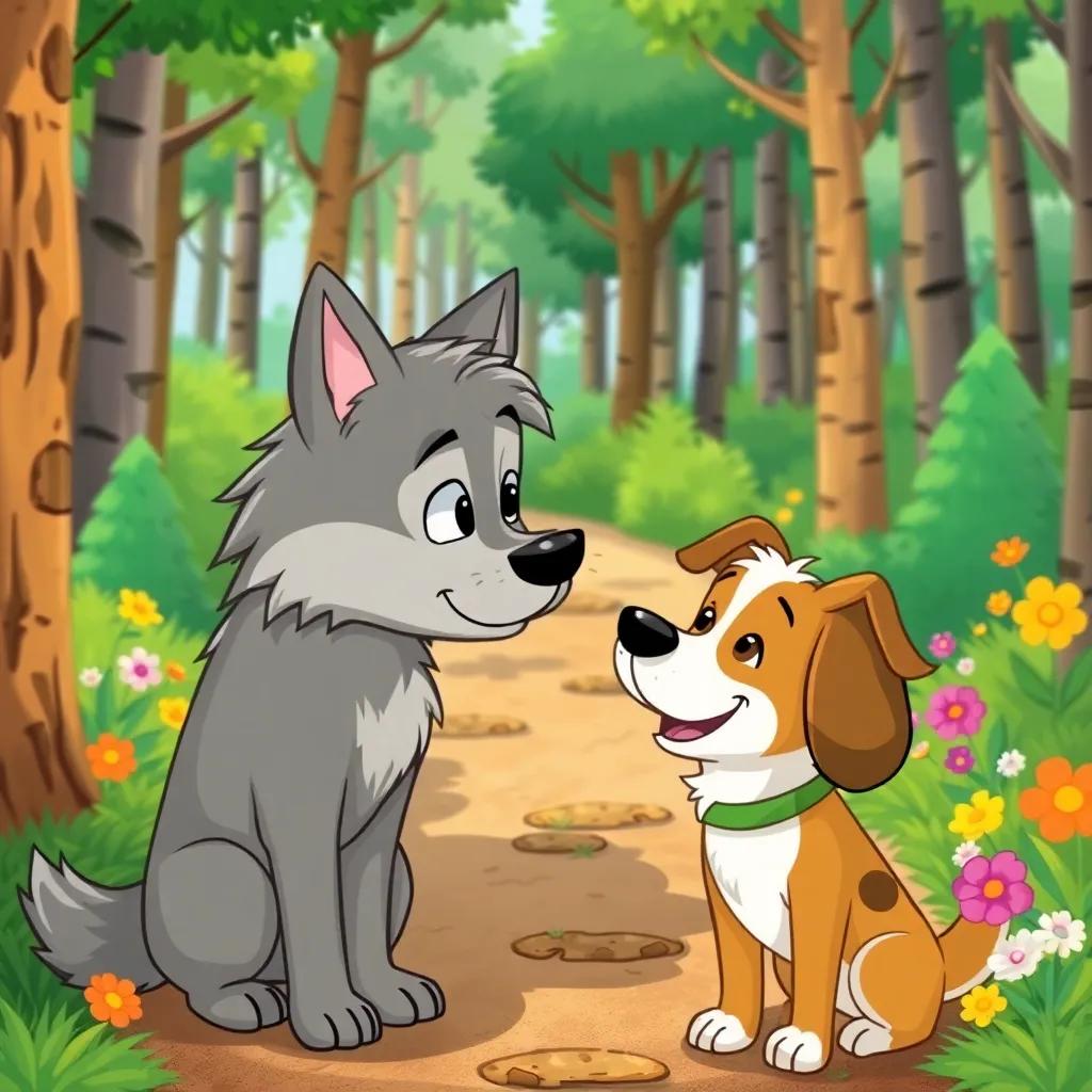 A thoughtful Wolf looking at a Dog with a worn-out neck in a sunny forest path, the Dog is smiling and carefree, colorful trees and flowers around them, friendly vibe, illustration, cartoonish style, child-friendly