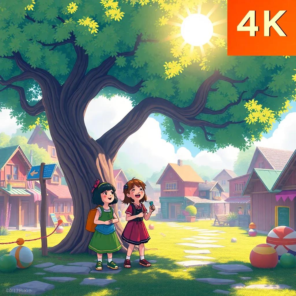 A bustling village with children playing by a big tree, two friends, Mia and Leo, laughing and chatting, a bright sun shining and casting playful shadows, digital art, colorful and cheerful atmosphere, detailed and inviting