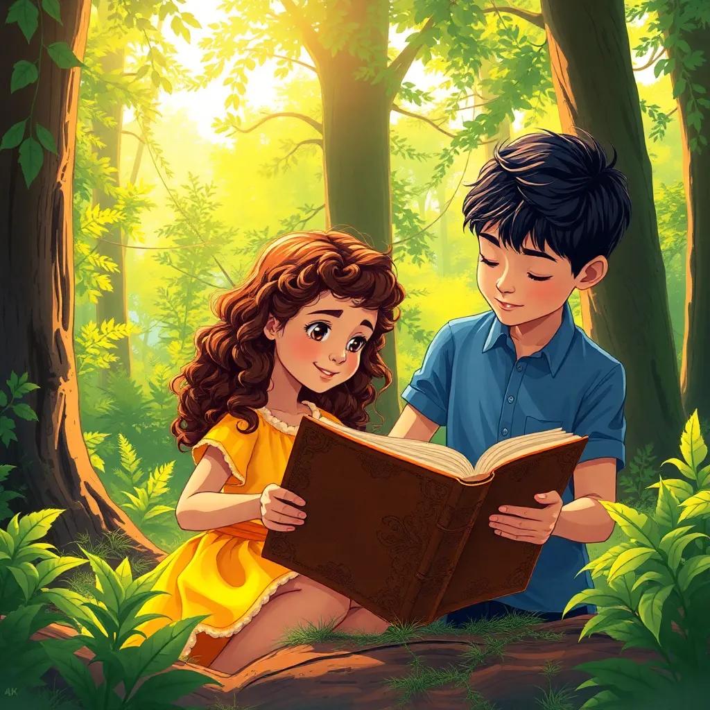 Mia, a young girl with curly brown hair, wearing a yellow dress, and Leo, a boy with short black hair, wearing a blue shirt, opening an old, dusty book surrounded by vibrant green forest, bright sunlight filtering through trees, imaginative illustration, warm colors, enchanting scene