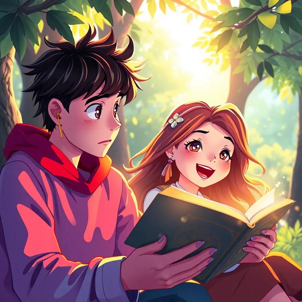 Leo with wide eyes, looking surprised, Mia laughing as she reads a magical line from the book, a gentle breeze flowing through the trees, soft sunlight adding to the magic, vivid colors, storytelling ambiance, engaging and captivating