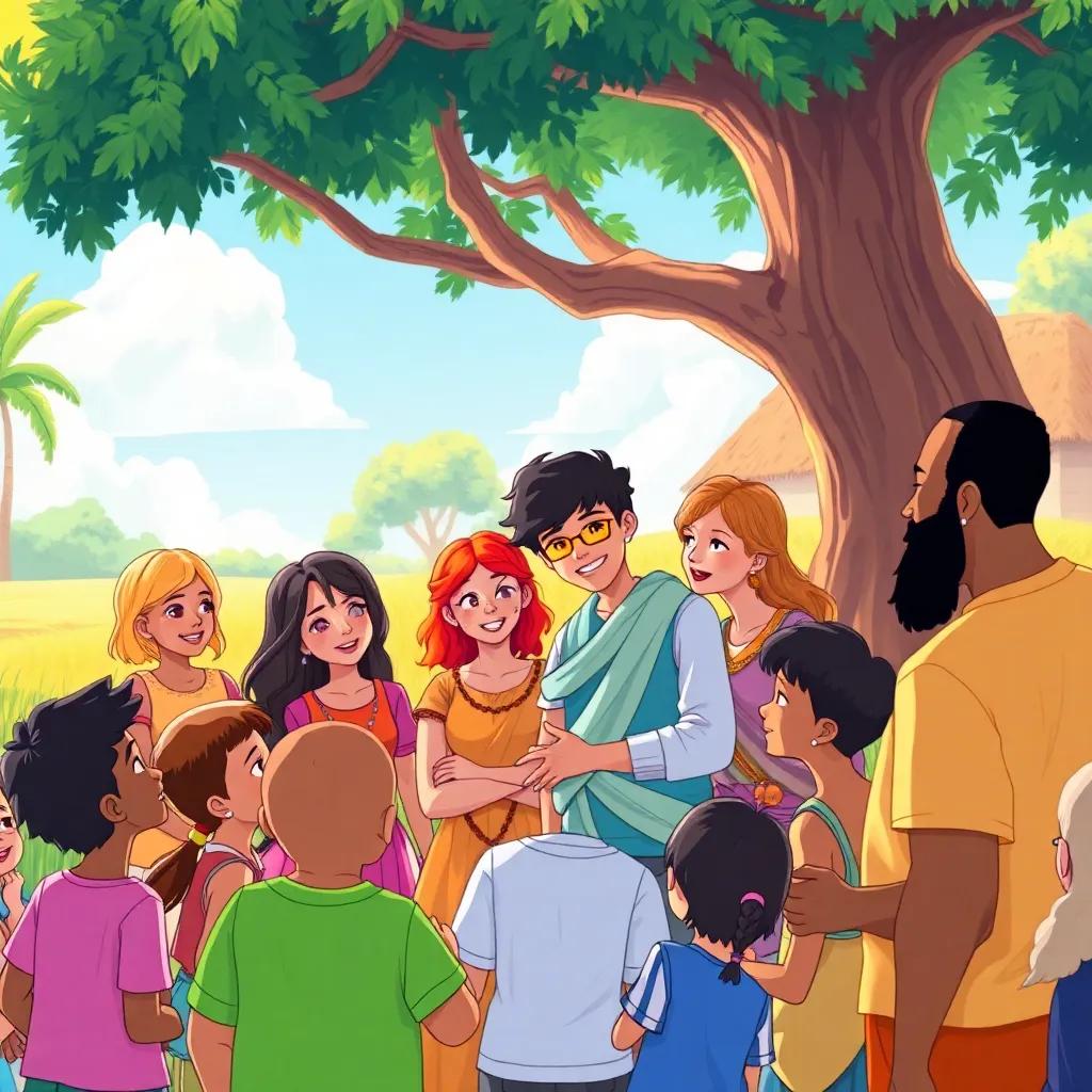Villagers gathered around Mia and Leo, eager to listen, children smiling and adults laughing, a warm and joyful atmosphere, the tree providing shade on a sunny day, colorful and lively illustration, community spirit, bright colors