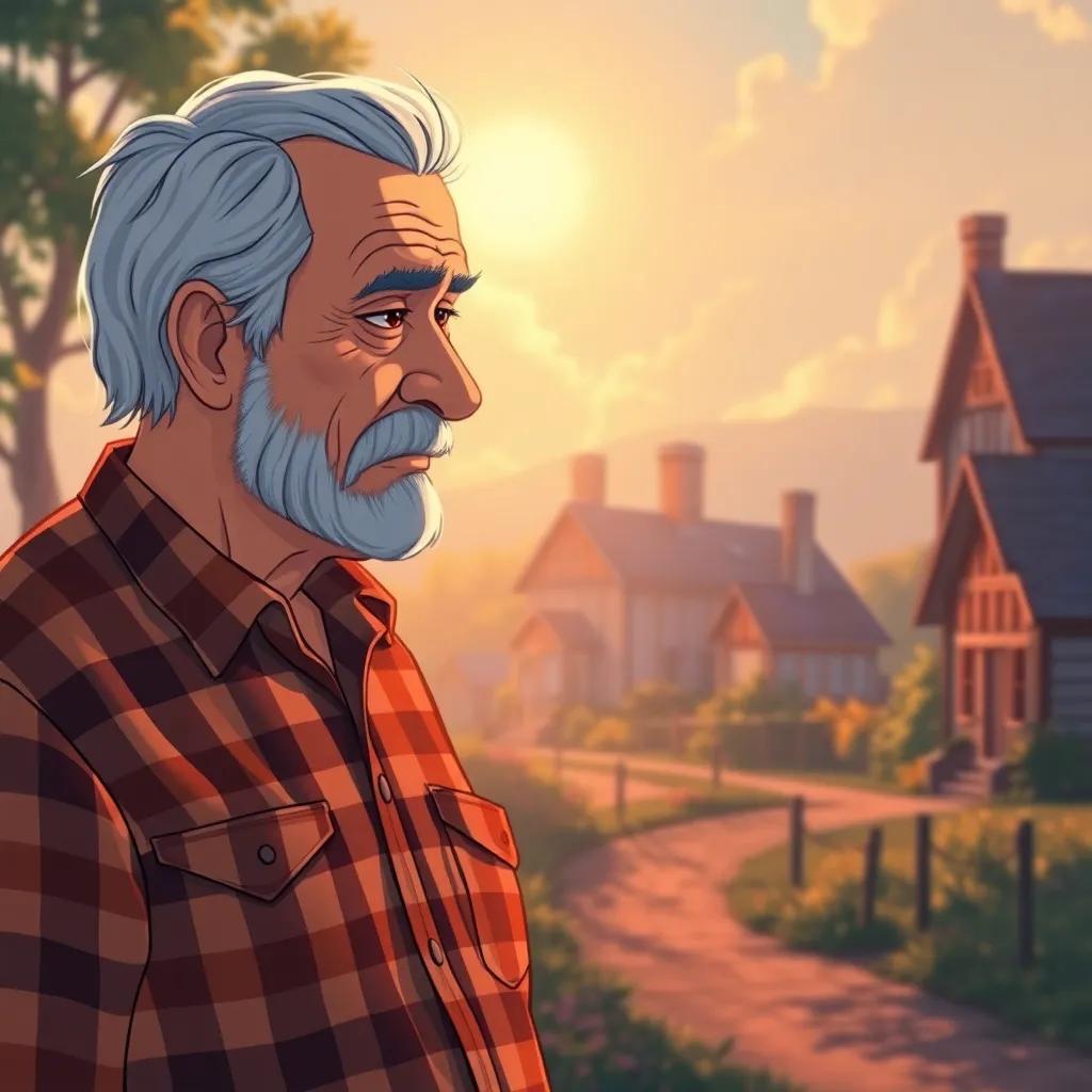 Mr. Thompson, an elderly man with gray hair wearing a plaid shirt, looking thoughtful and sad as Leo approaches him, a backdrop of the village in the sunny, warm light, emotional illustration, highlighting empathy and understanding