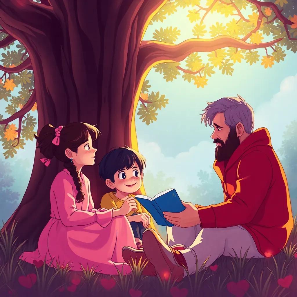 Mia, Leo, and Mr. Thompson sitting under the big tree creating a story together, with a magical feeling surrounding them, warmth in the air, vibrant colors, fostering creativity and connection, heartwarming scene
