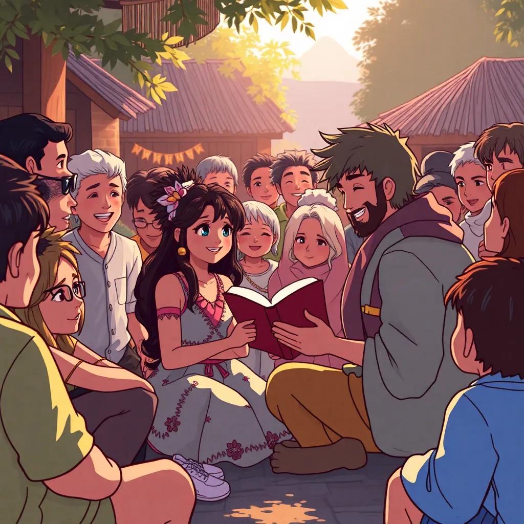 The village huddled together, listening attentively to Mia and Leo, smiles spreading as they read their friendship story, a background of happy faces and warm sunlight, community warmth, inviting atmosphere