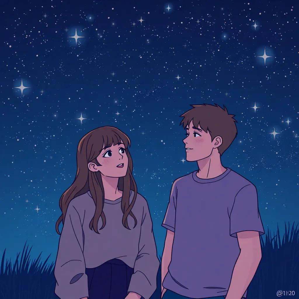 Mia speaking passionately about kindness and words under the stars, Leo beside her, both friends feeling the magic of their conversations, twinkling stars enhancing the mood, peaceful and reflective imagery, night-time wonder