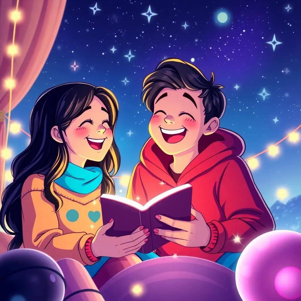 Mia and Leo with their friends celebrating at a story-sharing night, laughter and joy on their faces, surrounded by sparkling lights and a starry sky, sense of togetherness and friendship, colorful and festive illustration