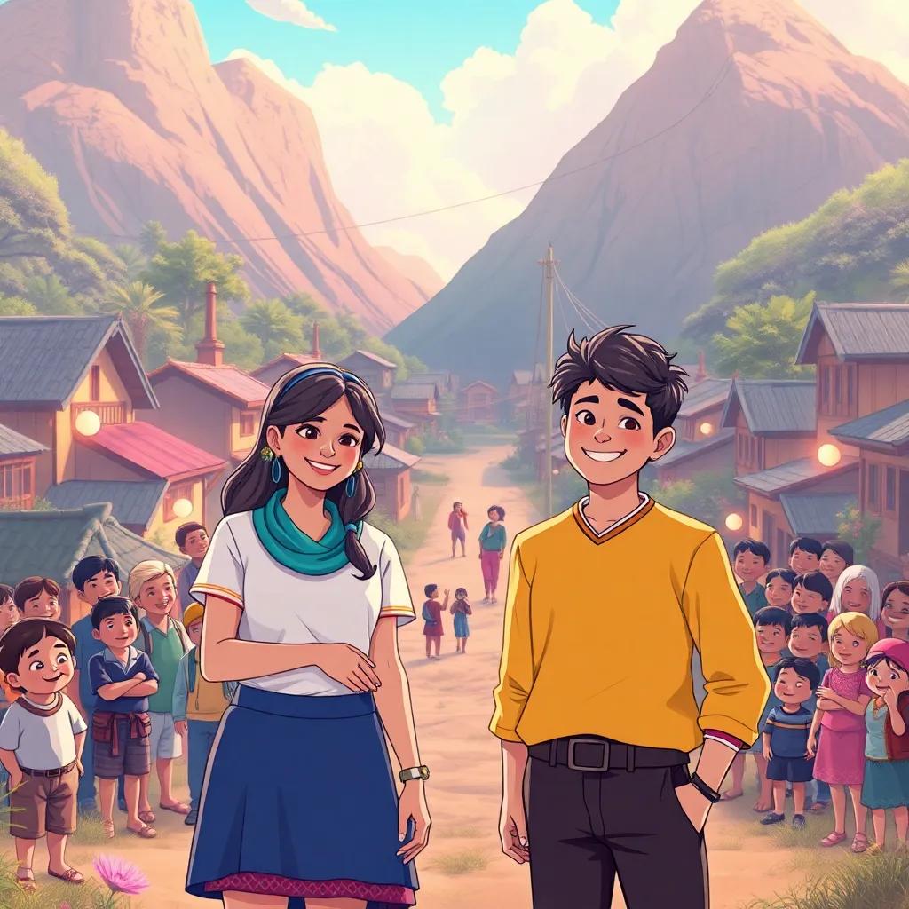 Mia and Leo standing proudly in their village, filled with happy villagers, everyone smiling, radiating positivity, and gratitude, picturesque village setting in bright colors, heartwarming conclusion