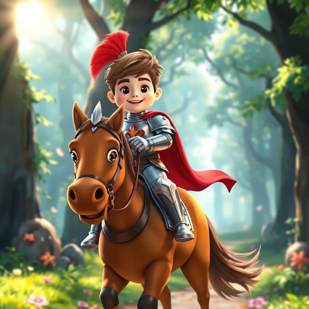 A brave knight named Leo, wearing shiny armor and a red cape, riding a gallant brown horse through a magical forest, bright sunlight filtering through trees, cheerful atmosphere, child-friendly, digital art, vibrant colors, high quality