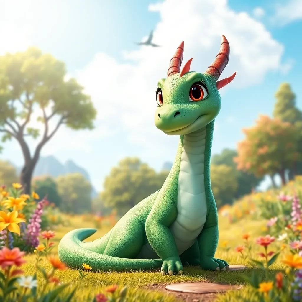 A gentle dragon named Zara, with shimmering green scales, sitting in a sunny clearing, smiling at Leo, surrounded by colorful flowers and trees, inviting demeanor, bright blue sky, illustration, warm light, high quality