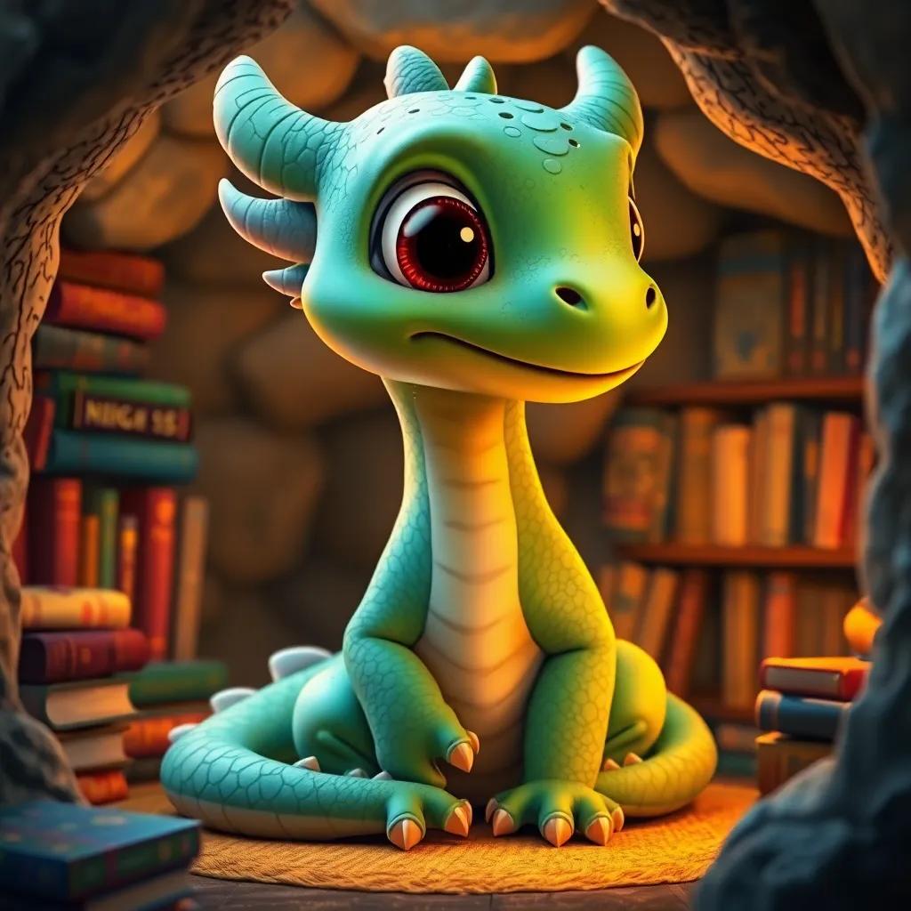 A gentle dragon named Dilly, with bright green scales and big, friendly eyes, sitting in a cozy cave filled with colorful books, warm lighting, fantasy, inviting atmosphere, detailed digital art